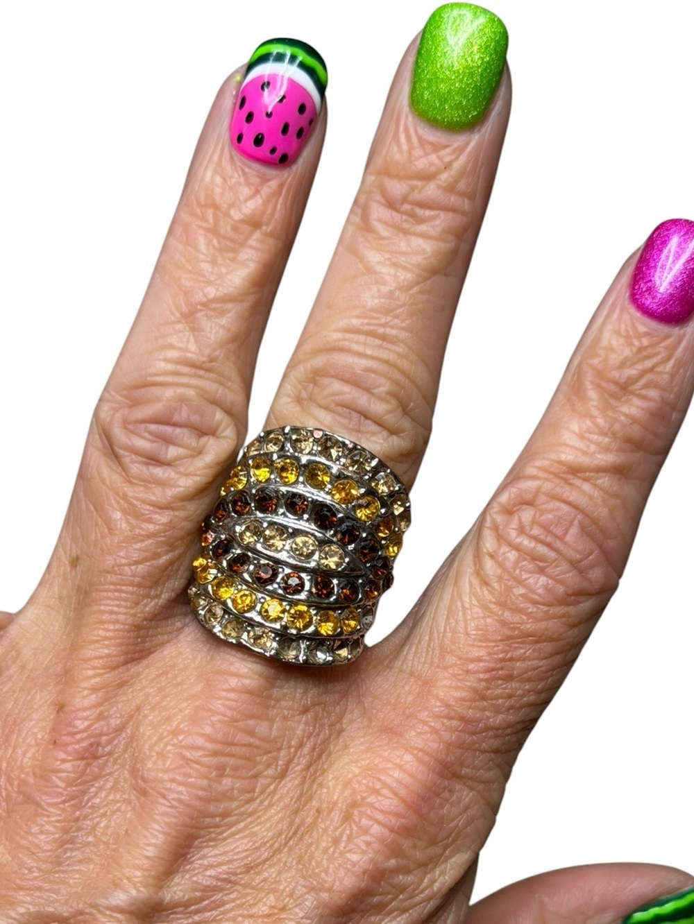 10/$25🦋 Boutique Brown & Gold Rhinestone Statement Fashion Ring - Size 6